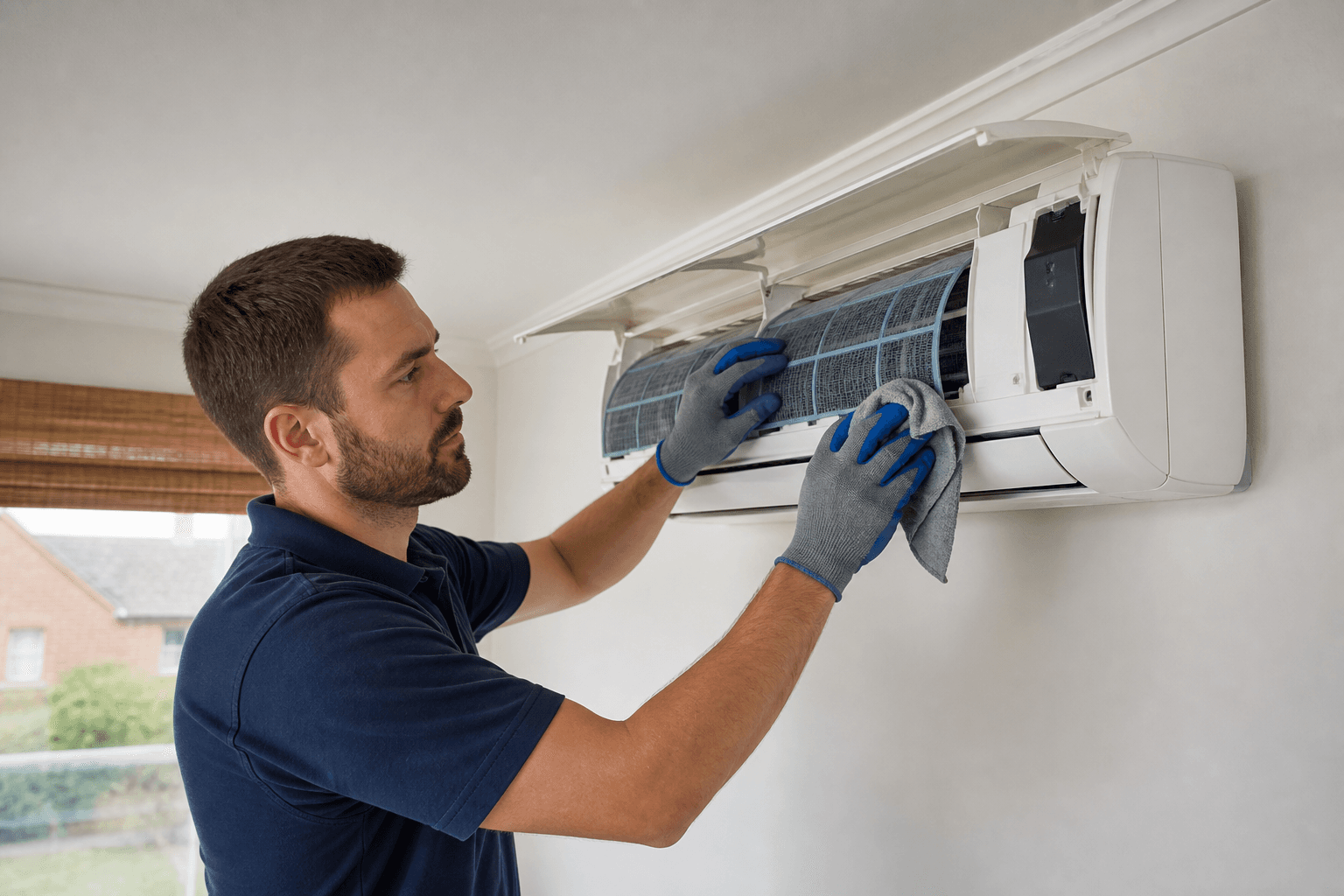 Engineer servicing an open indoor air conditioning unit