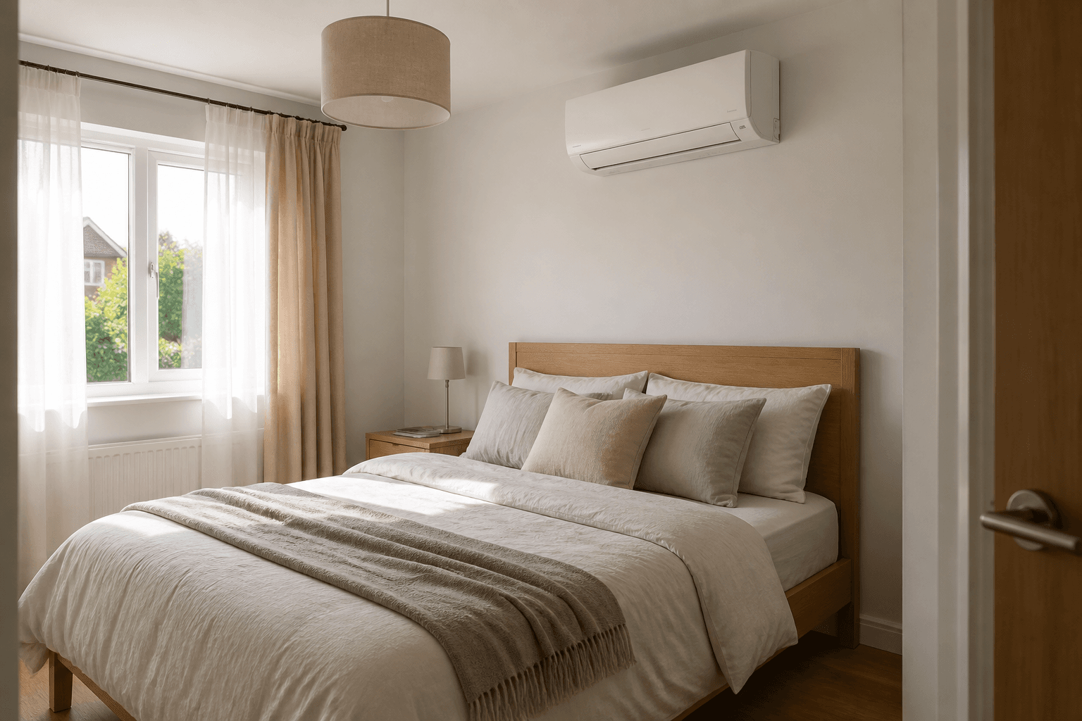 Wall-mounted indoor air conditioning unit in a bedroom with morning light
